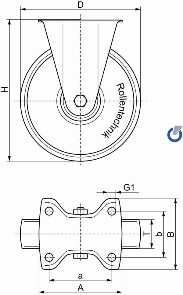 Edelstahlrolle KRS Serie: Bockrolle Rad Polyamid, Tragfähigkeit 750kg, Gleitlager & Anschraubplatte