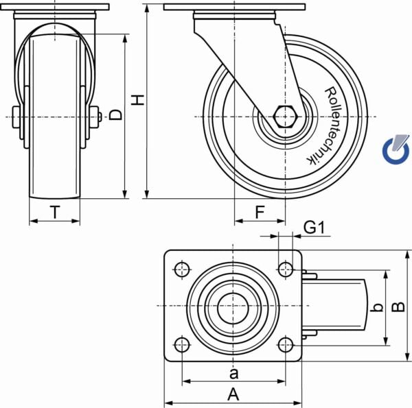 Gefederte Schwerlastrolle BRN NLKF Serie, Ø200x48mm, Stahl, geschweißt, blau, 400 KG Tragfähigkeit, 105650