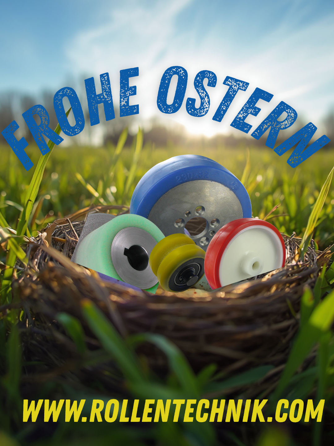 Bunte Industrierollen und Transportrollen im Osternest als kreative Grußbotschaft für unsere Rollen Technik Kunden.