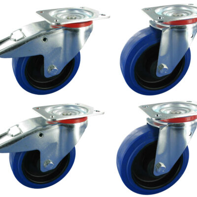 Satz Blue Wheel Ø100 mm 2x Lenkrolle & 2x Lenkrollen Feststeller Flightcase-Rollen BRN NL Serie, Ø100x36mm, Stahl, gepresst, blau, 200 / Satz 600 kg KG Tragfähigkeit, 900133