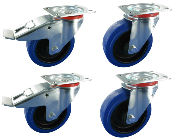 Satz Blue Wheel Ø100 mm 2x Lenkrolle & 2x Lenkrollen Feststeller Flightcase-Rollen BRN NL Serie, Ø100x36mm, Stahl, gepresst, blau, 200 / Satz 600 kg KG Tragfähigkeit, 900133