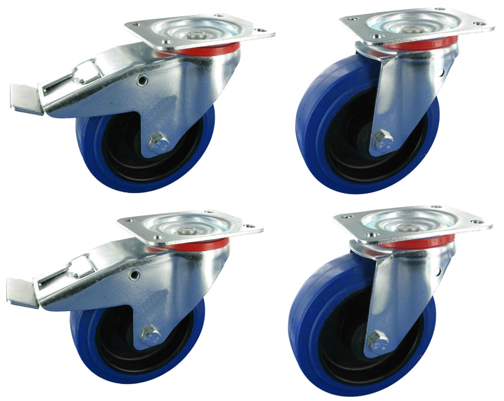 Satz 2 Lenkrollen mit Feststeller & 2 Lenkrollen: Blue Wheel Ø100 mm, Tragfähigkeit 600kg
