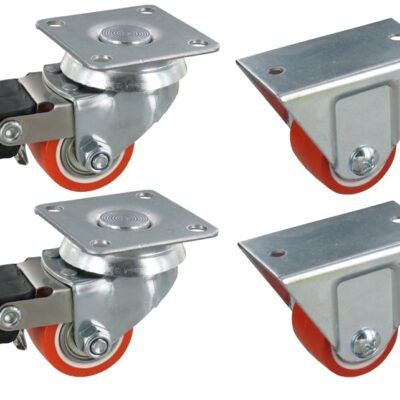 Satz 4x Mini Schwerlast-Rollen 2x Lenkrolle mit Bremse & 2 Bockrollen KRN SLAR Serie, Ø35x25mm, Stahl, gepresst, orange, 90 KG Tragfähigkeit, 900170