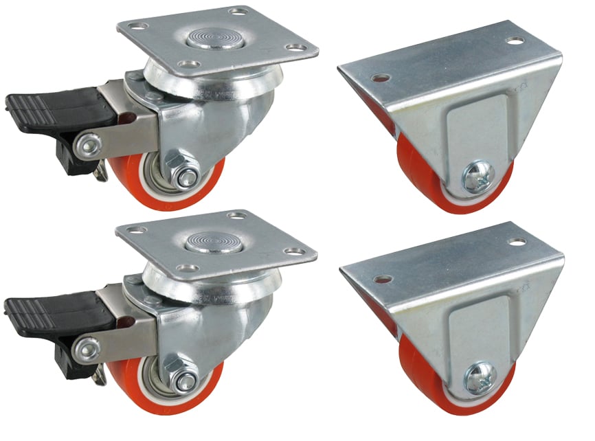 Satz 4x Mini Schwerlast-Rollen 2x Lenkrolle mit Bremse & 2 Bockrollen KRN SLAR Serie, Ø35x25mm, Stahl, gepresst, orange, 90 KG Tragfähigkeit, 900170