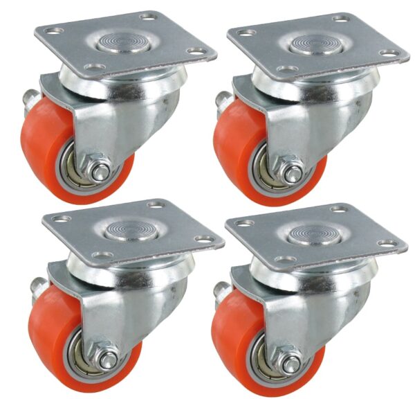 Satz 4x Mini Schwerlast-Lenkrollen PKR SLAR Serie, Ø35x27mm, Stahl, gepresst, orange, 90 KG Tragfähigkeit, 900166