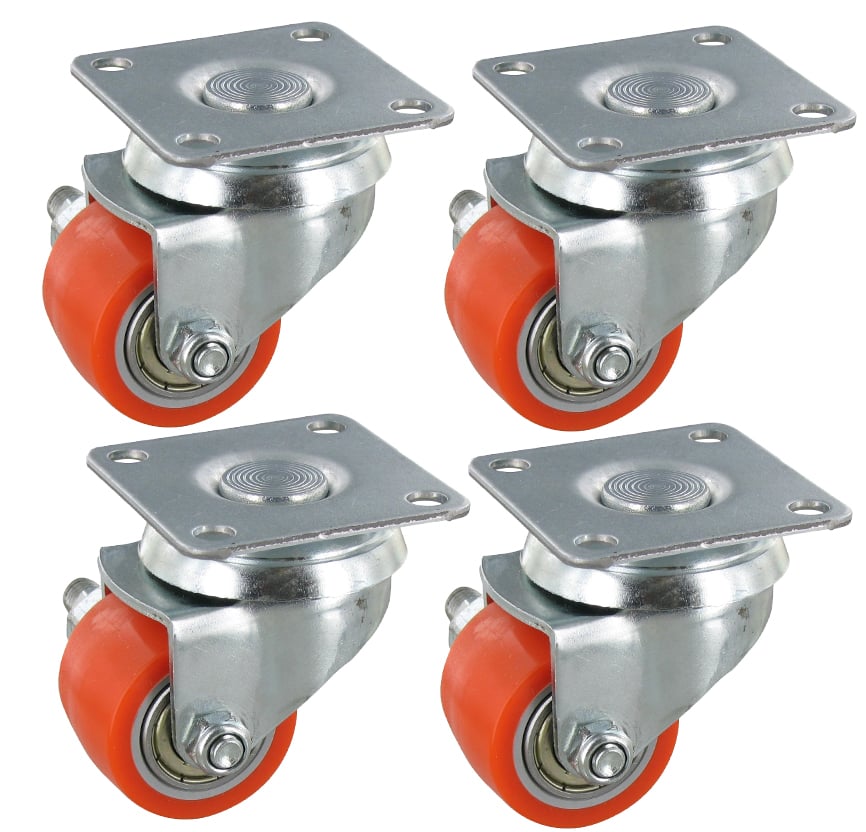 Satz 4x Mini Schwerlast-Lenkrollen PKR SLAR Serie, Ø35x27mm, Stahl, gepresst, orange, 90 KG Tragfähigkeit, 900166