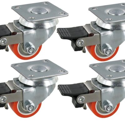 Satz 4x Mini Schwerlast-Lenkrollen mit Bremse PKR SLAR Serie, Ø35x27mm, Stahl, gepresst, orange, 90 KG Tragfähigkeit, 900167