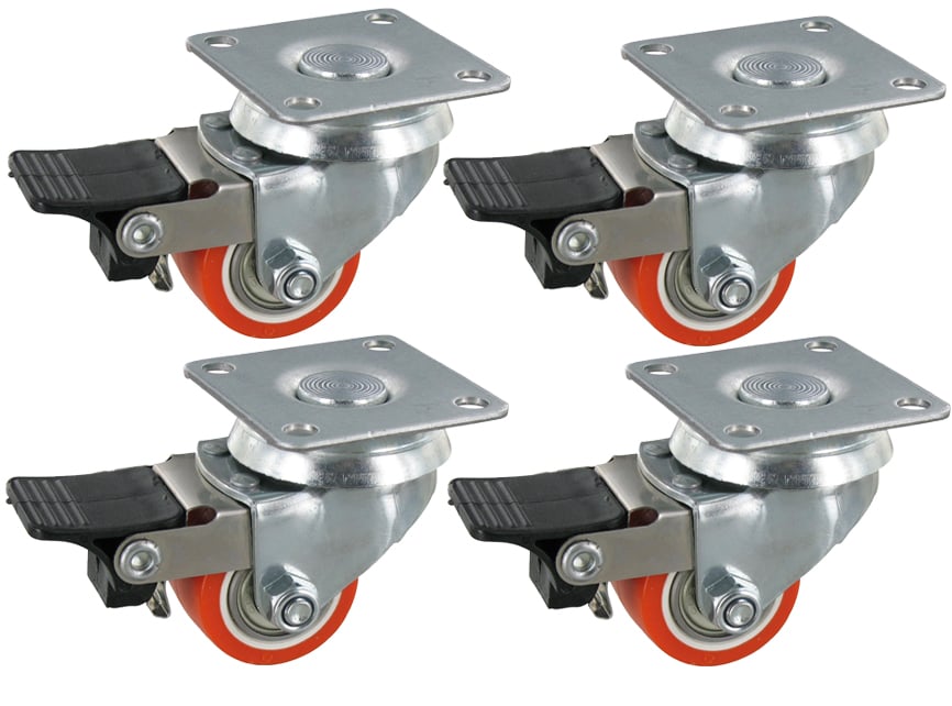 Satz 4x Mini Schwerlast-Lenkrollen mit Bremse PKR SLAR Serie, Ø35x27mm, Stahl, gepresst, orange, 90 KG Tragfähigkeit, 900167