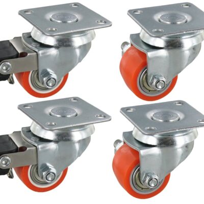 Satz 4x Mini Schwerlast-Lenkrollen 2 mit Bremse PKR SLAR Serie, Ø35x25mm, Stahl, gepresst, orange, 90 KG Tragfähigkeit, 900168