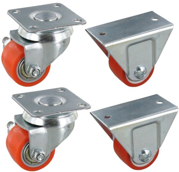 Satz 4x Mini Schwerlast-Rollen 2x Lenkrolle & 2 Bockrollen PKR SLAR Serie, Ø35x27mm, Stahl, gepresst, orange, 90 KG Tragfähigkeit, 900169