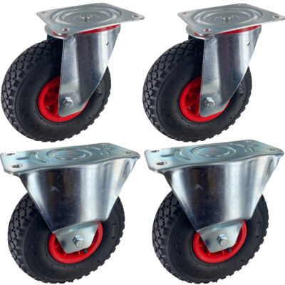 Satz 2x Lenkrolle & 2x Bockrolle Luftrad LGK NL Serie, Ø260x85mm, Stahl, gepresst, schwarz, 450 KG Tragfähigkeit, 651208S3