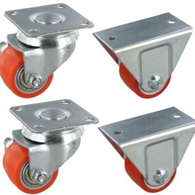 Satz 4x Mini Schwerlast-Rollen 2x Lenkrolle & 2 Bockrollen PKR SLAR Serie, Ø35x27mm, Stahl, gepresst, orange, 90 KG Tragfähigkeit, 900169